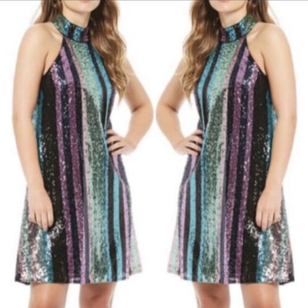 Badgley Mischka Sequin Striped Mini Dress